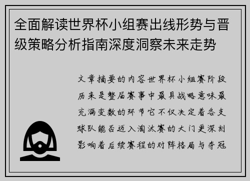 全面解读世界杯小组赛出线形势与晋级策略分析指南深度洞察未来走势
