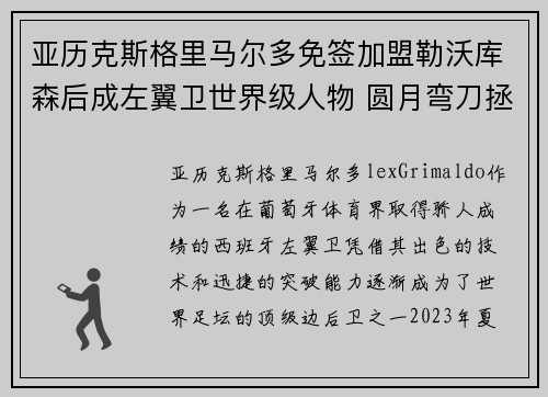 亚历克斯格里马尔多免签加盟勒沃库森后成左翼卫世界级人物 圆月弯刀拯救球队 亚历克斯格里马尔多免签加盟勒沃库森后成左翼卫世界级人物 圆月弯刀拯救球队